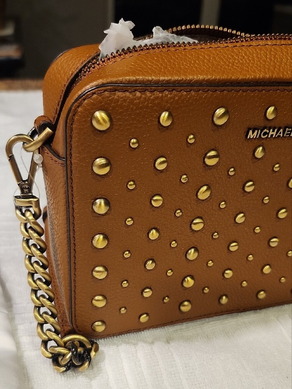 Michael Kors Tan Studded Leather Crossbody with Tassel - Picture 3 of 10